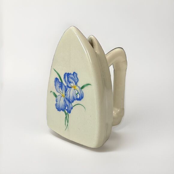 Vintage  Miniature Iron Ceramic Porcelain Toothpick  Holder Floral Iris 2" Tall - Picture 1 of 8